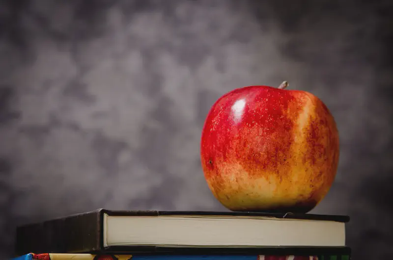 An apple sitting on a book.